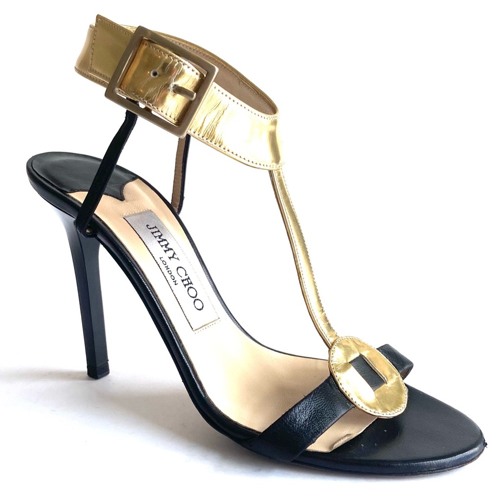 Jimmy Choo Black & Gold Leather T Strap Heels